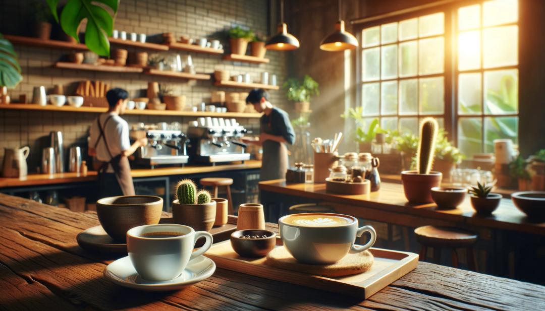 Various coffee cups on a wooden table