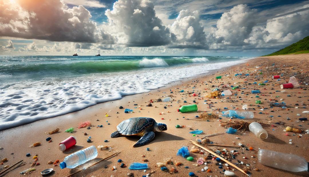 A beach polluted with microplastics and sea animals affected by the pollution, with waves in the background and a partly cloudy sky